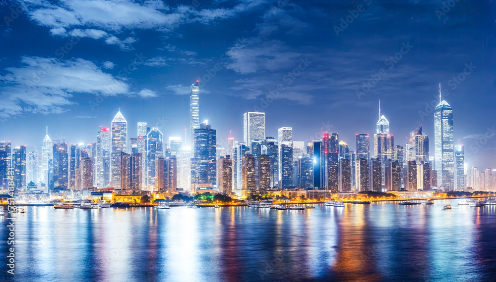 A stunning panoramic night view of the modern city skyline of Shanghai, China, with the Huangpu River in the foreground and the Oriental Pearl Tower and Jin Mao Tower in the background.