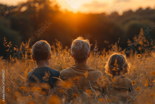 Affectionate family relationship in a field during sunset. Generative Ai