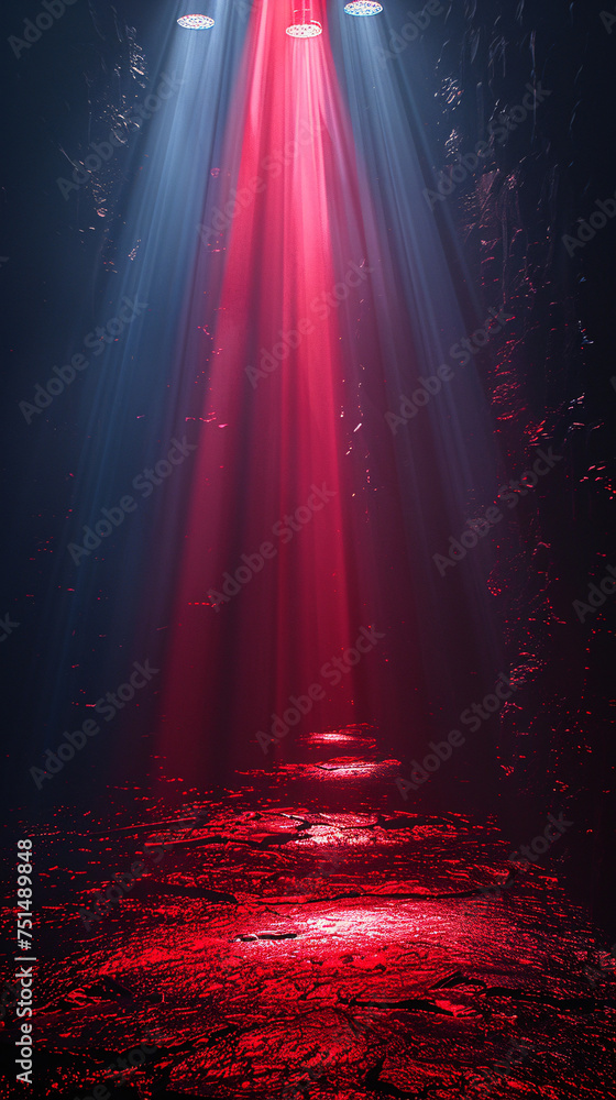 Red light beams pierce through darkness, illuminating a wet rocky surface.