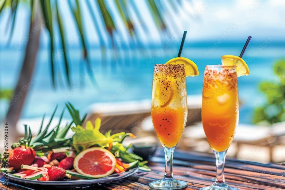 Obraz premium Tropical Beach Vacation with Refreshing Cocktails and Fruits