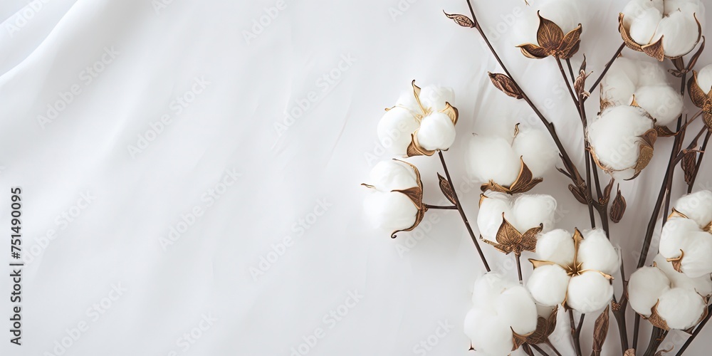 White cotton flowers on white cotton fabric background for sustainable fashion or organic products. Eco-friendly textile. Environmentally conscious choice.