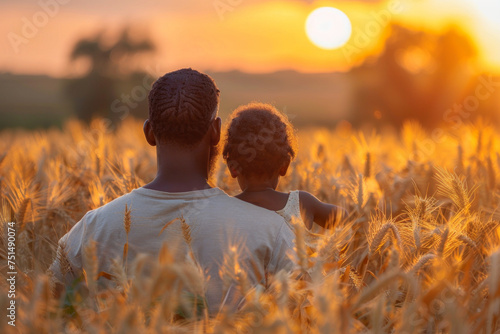 Affectionate family relationship in a field during sunset. Generative Ai