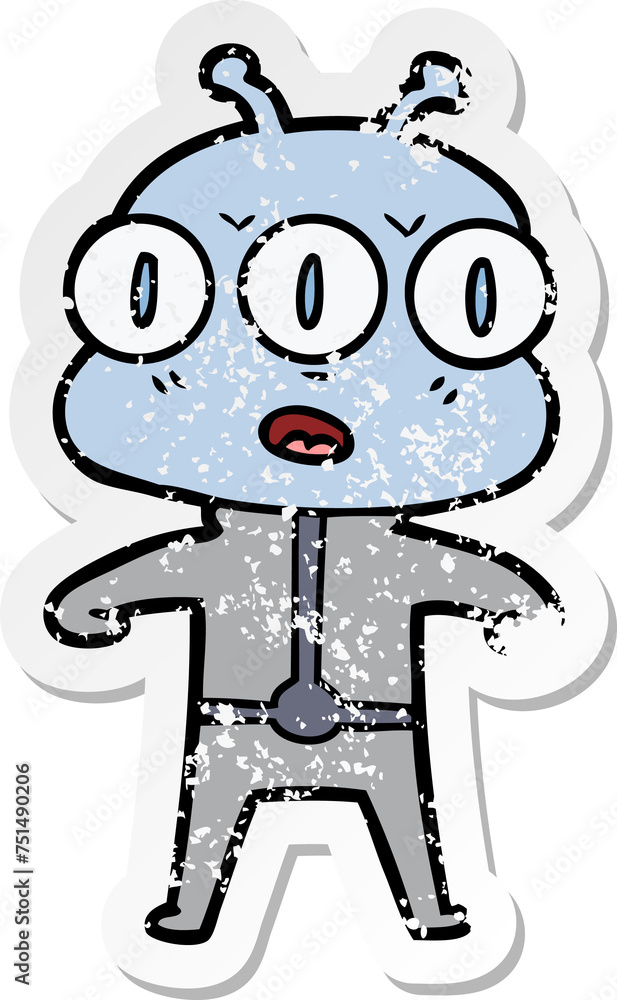 distressed sticker of a cartoon three eyed alien distressed sticker of a cartoon three eyed alien