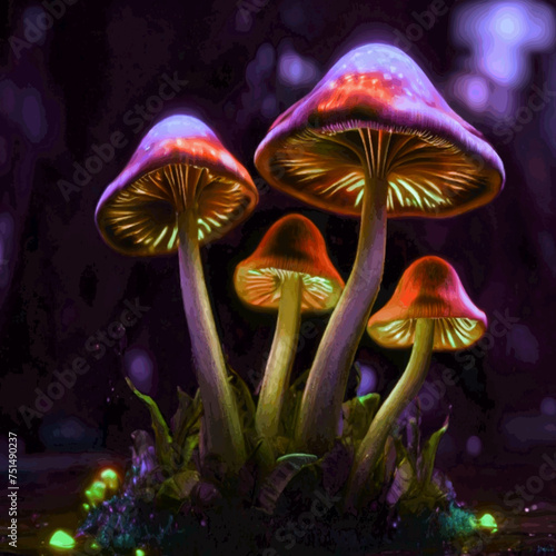 Hallucinogenic Sorcery Mushrooms. Sparkling Brilliant Neon Lights at the Woods