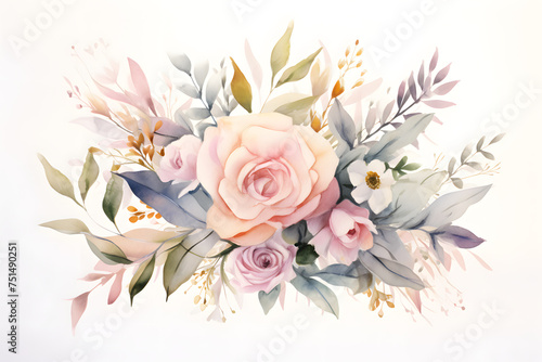 Watercolor floral bouquet with eucalyptus and pink gold  elements isolated on white background 