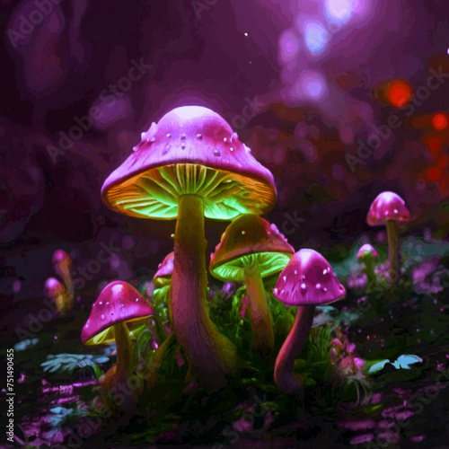 Hallucinogenic Sorcery Mushrooms. Sparkling Brilliant Neon Lights at the Woods