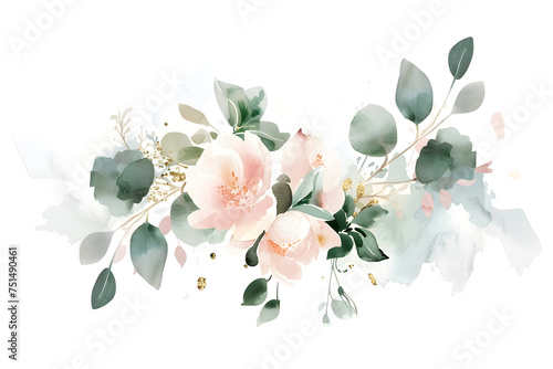 Watercolor floral bouquet with eucalyptus and pink gold elements isolated on white background 