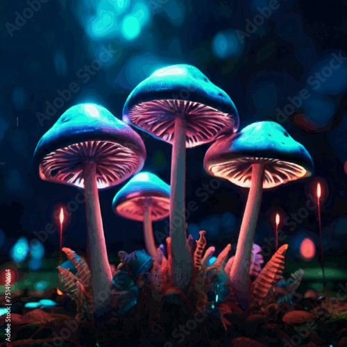 Hallucinogenic Sorcery Mushrooms. Sparkling Brilliant Neon Lights at the Woods