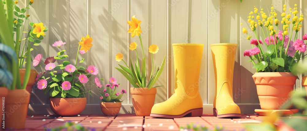 Yellow rubber boots standing on a wooden under-bridge with pots of ...