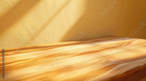 illustration a realistic top 45 degree angle view long wooden table top with light burly wood color, expensive wooden table, in living room, vivid light, warm color tone​ photo