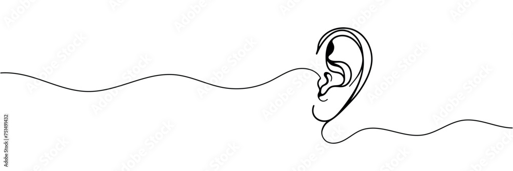 Human ear: one line, continuous line. Linear contour of the ear, silhouette. vector illustrator. - obrazy, fototapety, plakaty 