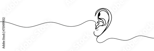 Human ear: one line, continuous line. Linear contour of the ear, silhouette. vector illustrator.