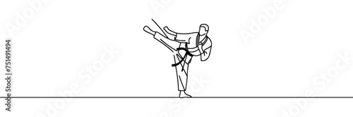Continuous one line drawing of a young man, a karateka in a kimono, practicing karate fighting. One line. Vector illustration.