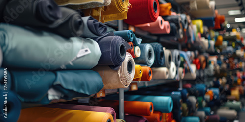 Colorful Fabric Selection Assortment. Assorted textiles rolls on display in fabric store, nobody, copy space.   