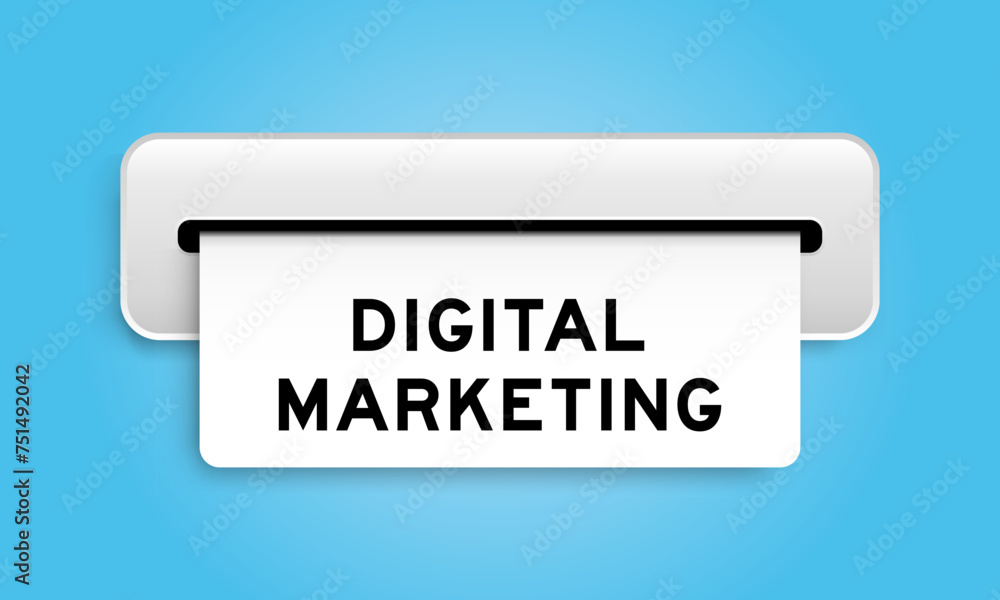 White coupon banner with word digital marketing from machine on blue color background White coupon banner with word digital marketing from machine on blue color background