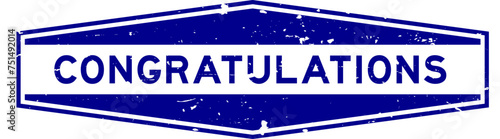 Grunge blue congratulations word hexagon rubber seal stamp on white background