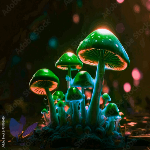 Hallucinogenic Sorcery Mushrooms. Sparkling Brilliant Neon Lights at the Woods