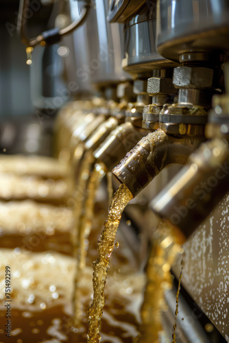 Craft Beer Fermentation Process. Beer wort during fermentation stage in brewery. The golden liquid of light beer.