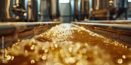 Craft Beer Fermentation Process. Beer wort during fermentation stage in brewery. The golden liquid of light beer. photo