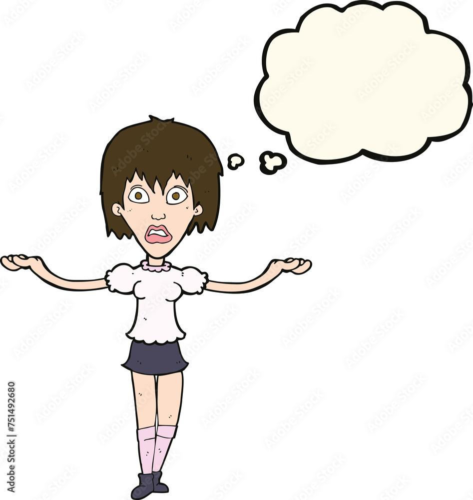 cartoon woman shrugging shoulders with thought bubble cartoon woman shrugging shoulders with thought bubble