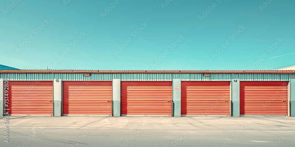 Outdoor Storage Unit Facility. Big storage facility with individual units garages with doors for storage or parking.  