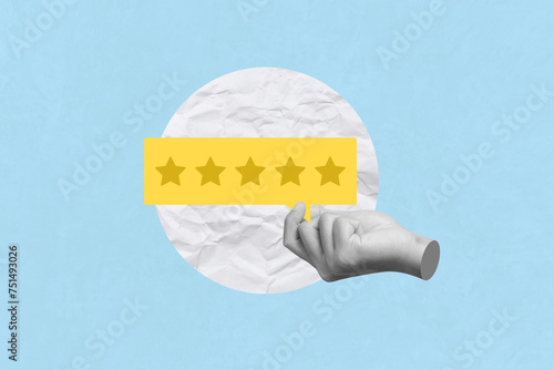 Creative art collage of hand holding card with star for a five-star rating on his customer experiences with service show his positive feedback