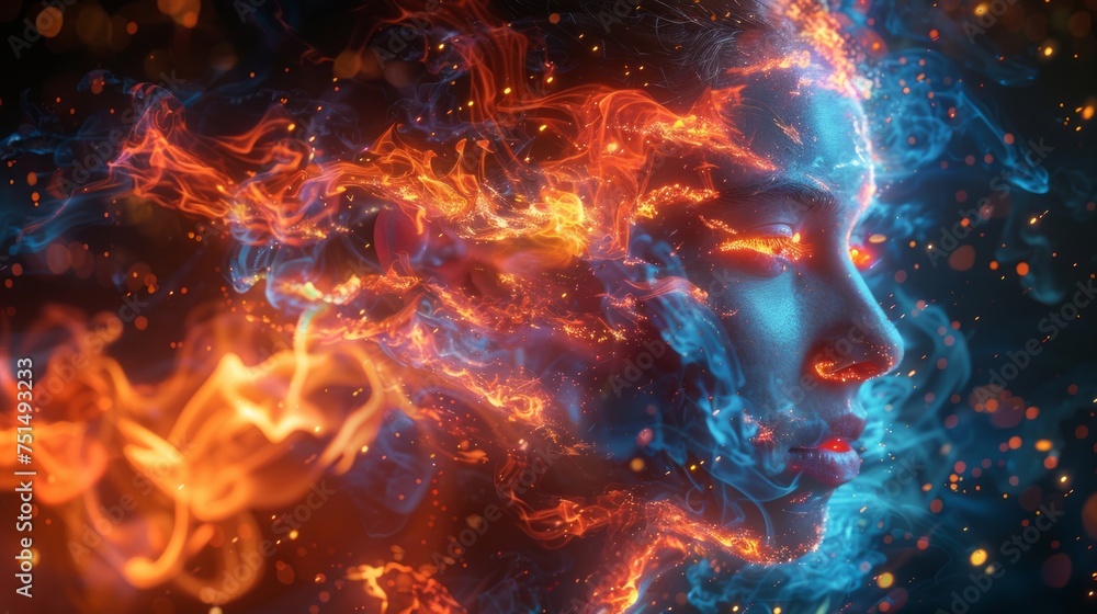 A powerful representation of a face engulfed by flames and light particles, symbolizing passion A powerful representation of a face engulfed by flames and light particles, symbolizing passion