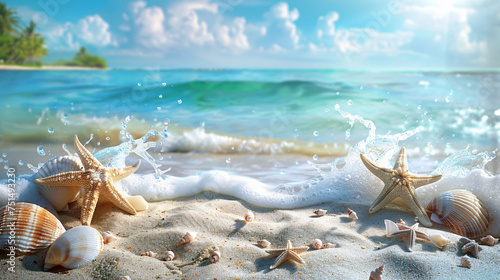 A serene beach scene with shells