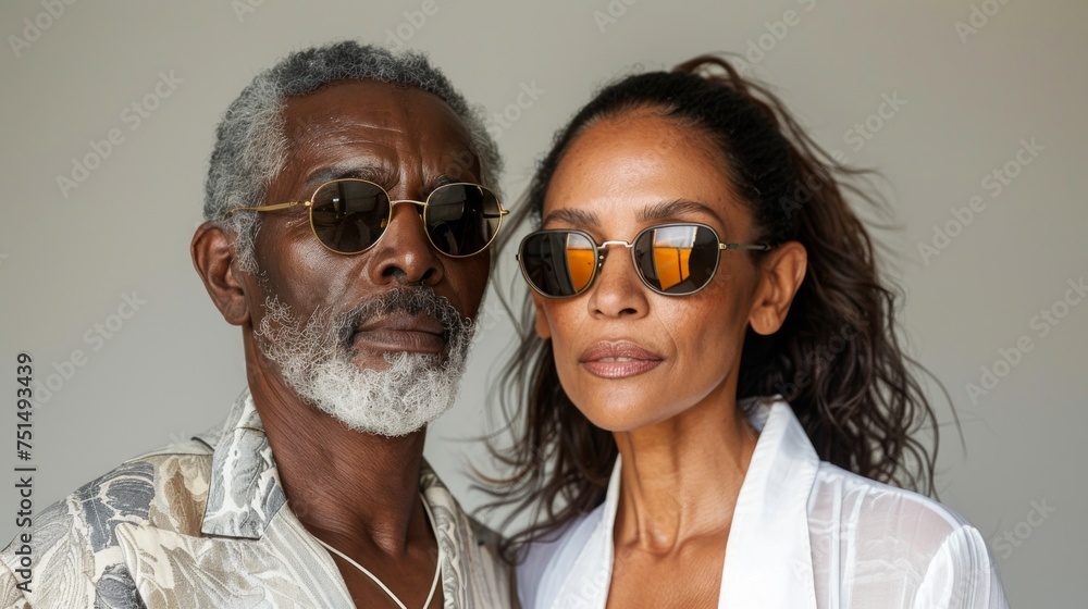 Mature male and female models wearing sunglasses and casual chic outfits exude a relaxed yet fashionable vibe against a neutral background