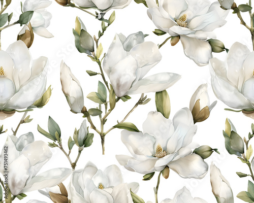 Seamless watercolor pattern of white magnolia flowers blooming in spring  isolated on a white background