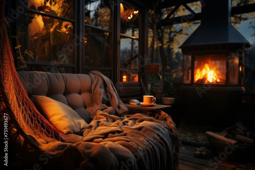 View from inside of country house with fireplace. Evening mood