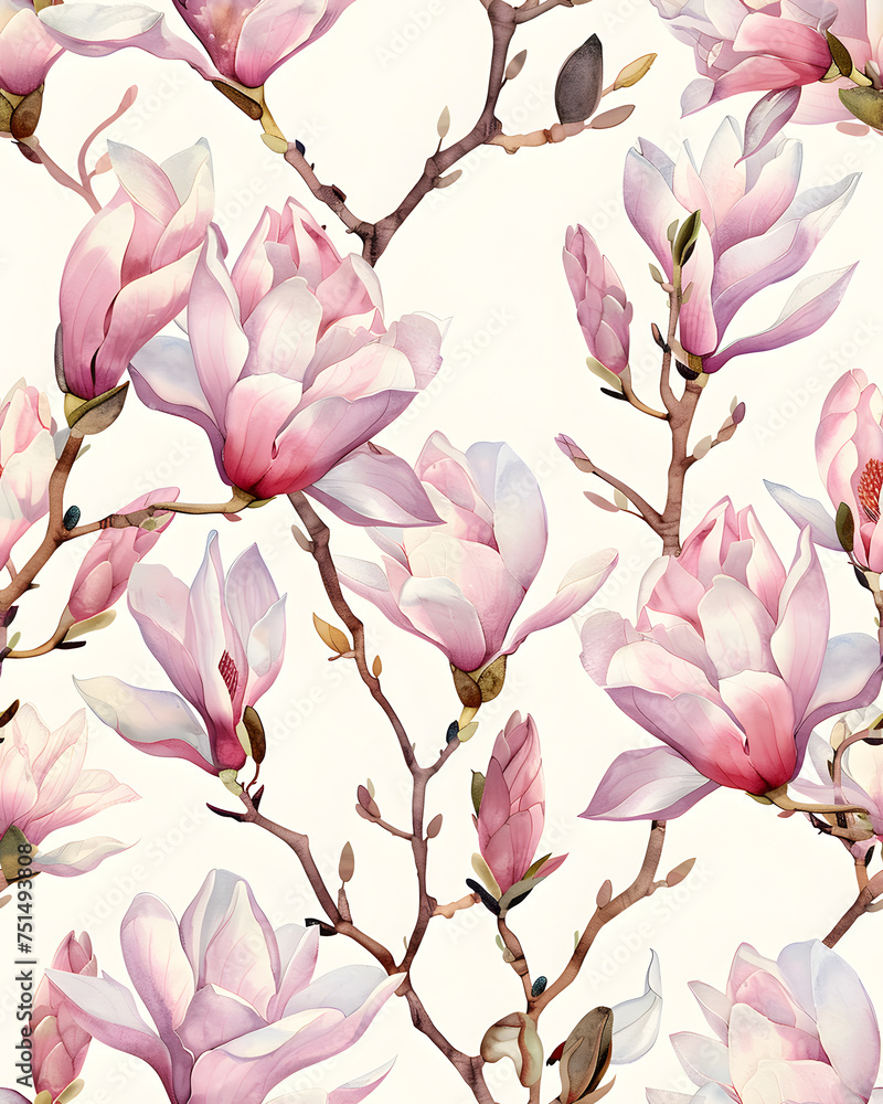Fototapeta premium Seamless watercolor pattern of white magnolia flowers blooming in spring, isolated on a white background