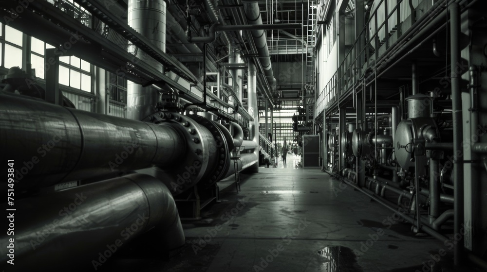 A black and white photo of an oil refinery at night, with a cloudy sky and lights illuminating the complex. A black and white photo of an oil refinery at night, with a cloudy sky and lights illuminating the complex.