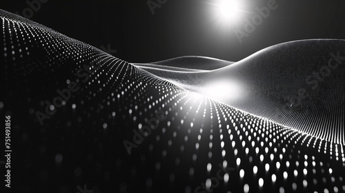 A grayscale image of a dynamic wave pattern created by illuminated dots photo