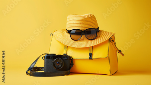 Female fashion accessories. Handbag, straw hat, camera and sunglasses on yellow background