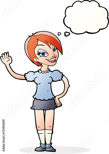 cartoon waving woman with thought bubble