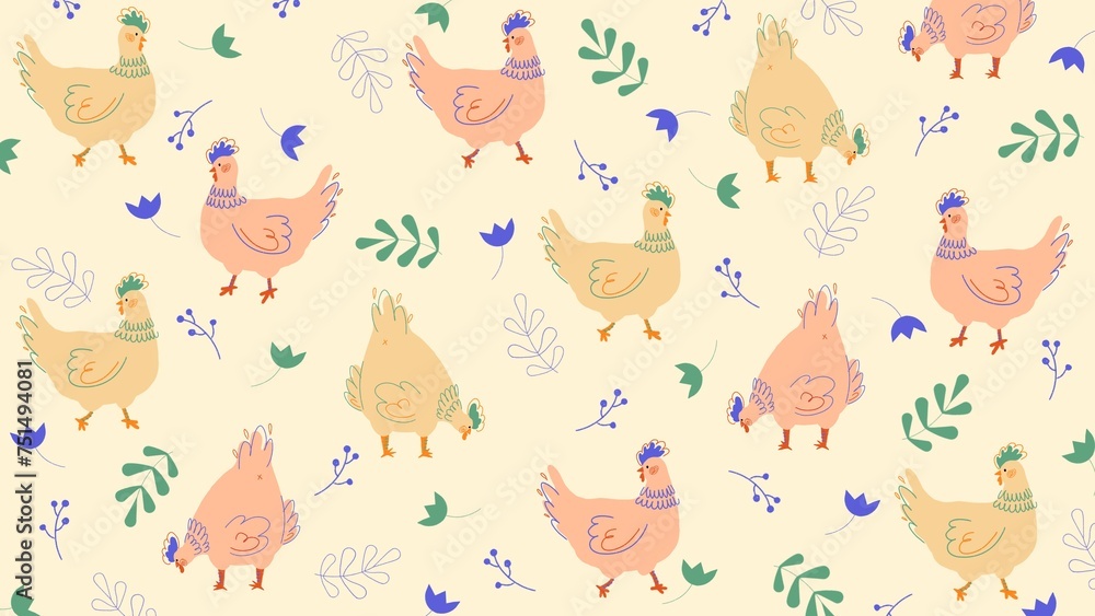 Hand drawn Chicken Easter spring background pattern