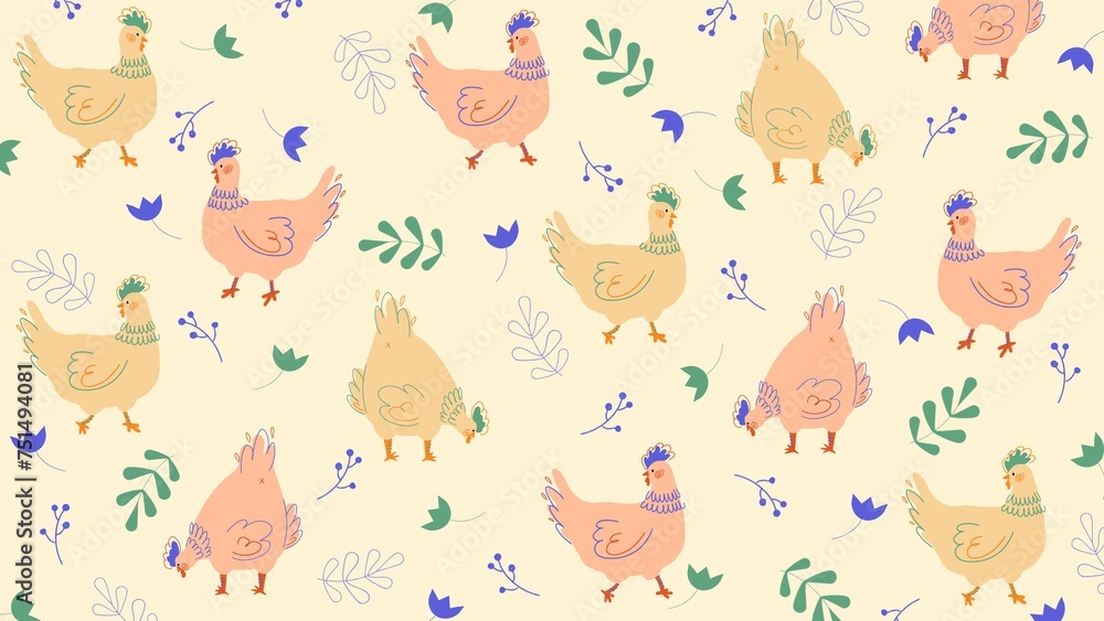 Hand drawn Chicken Easter spring background pattern Hand drawn Chicken Easter spring background pattern