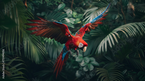 Red Hybrid Parrot in Forest. Macaw Parrot Flying in Dense Forest Environment. Colorful Exotic Bird in Natural Habitat. Wildlife and Nature Concept. Generative Ai
