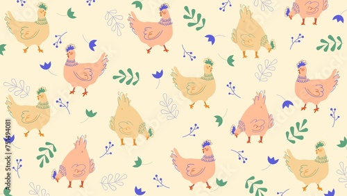 Fototapeta Naklejka Na Ścianę i Meble -  Hand drawn Chicken Easter spring background pattern