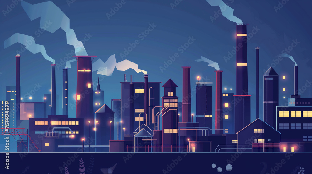 Іndustrial panorama view. Vector illustration of abstract manufacturing landscape. Dark blue background.