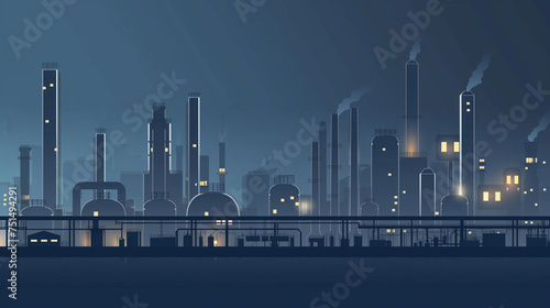   ndustrial panorama view. Vector illustration of abstract manufacturing landscape. Dark blue background.