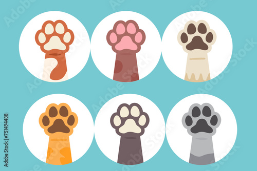Colorful cat paws in circles set, cat paws, dog's paw, cat vector illustration, kitten feet in pastel circles © Alina