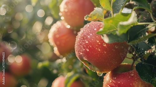 there is a string of 7 very red apples hanging on the tree, rosy and full, crystal clear, green leaves, ​