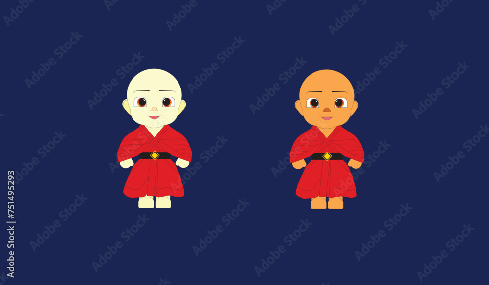 Set of little cute monk, Cartoon Character Concept, flat design vector isolated white background.