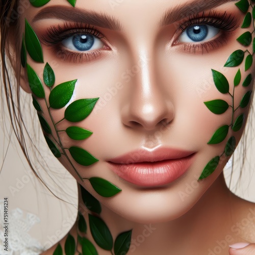 Beautiful woman with blue eyes and leaves stuck on her face
