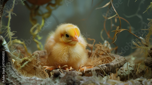 Lovely Scene of Newborn Yellow Chicken Hatching from Eggshell, Suitable for Agriculture and Nature Themes, Generative Ai