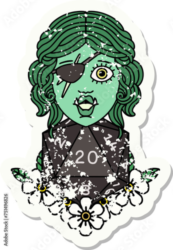 half orc rogue with natural twenty dice roll grunge sticker photo