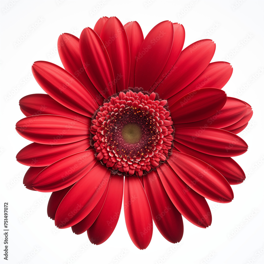 Red gerbera flower isolated in blossom in springtime on white background, top view of single plant Red gerbera flower isolated in blossom in springtime on white background, top view of single plant