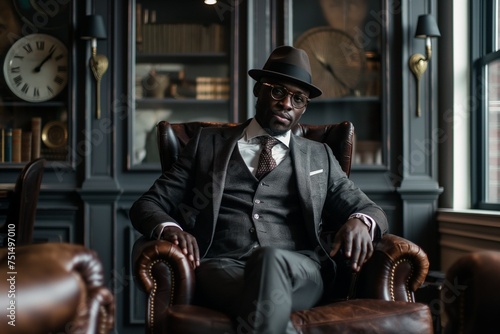 Portrait of a black man in a stylish business suit and hat sitting in a chair